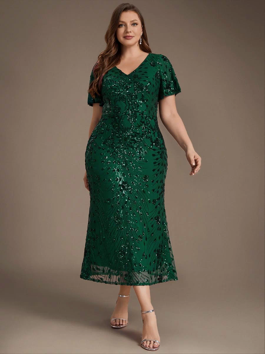 Sequin Ruffle Sleeve Evening Dress #color_Dark Green