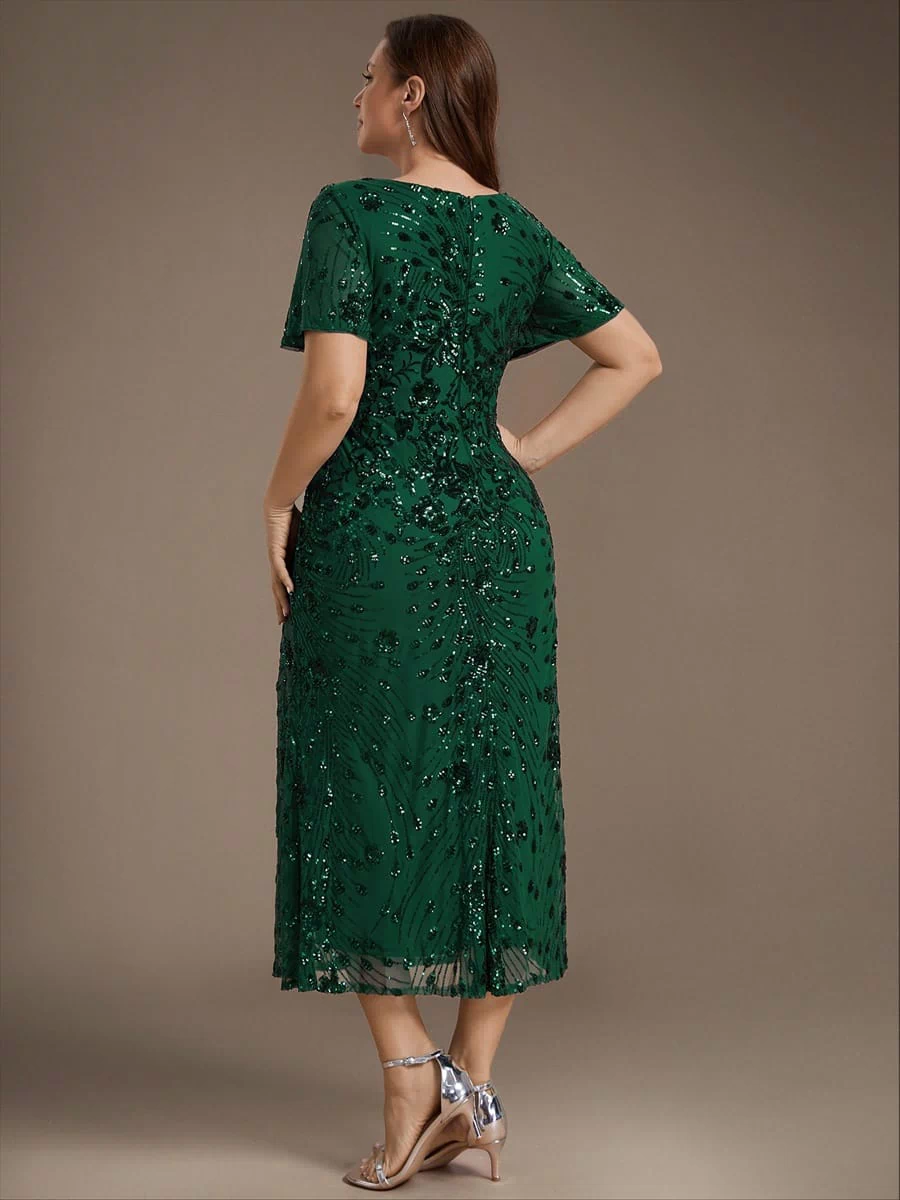 Sequin Ruffle Sleeve Evening Dress #color_Dark Green