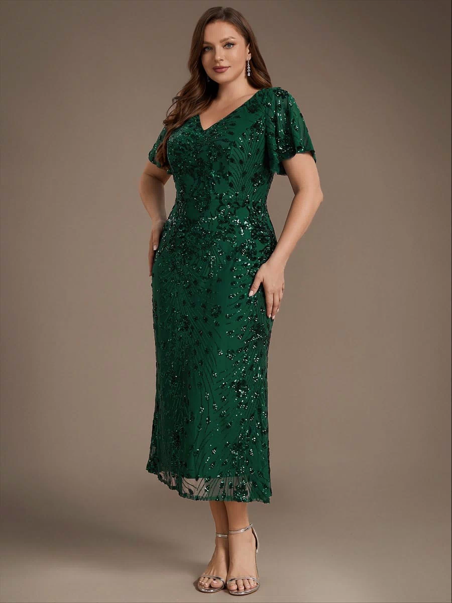 Sequin Ruffle Sleeve Evening Dress #color_Dark Green