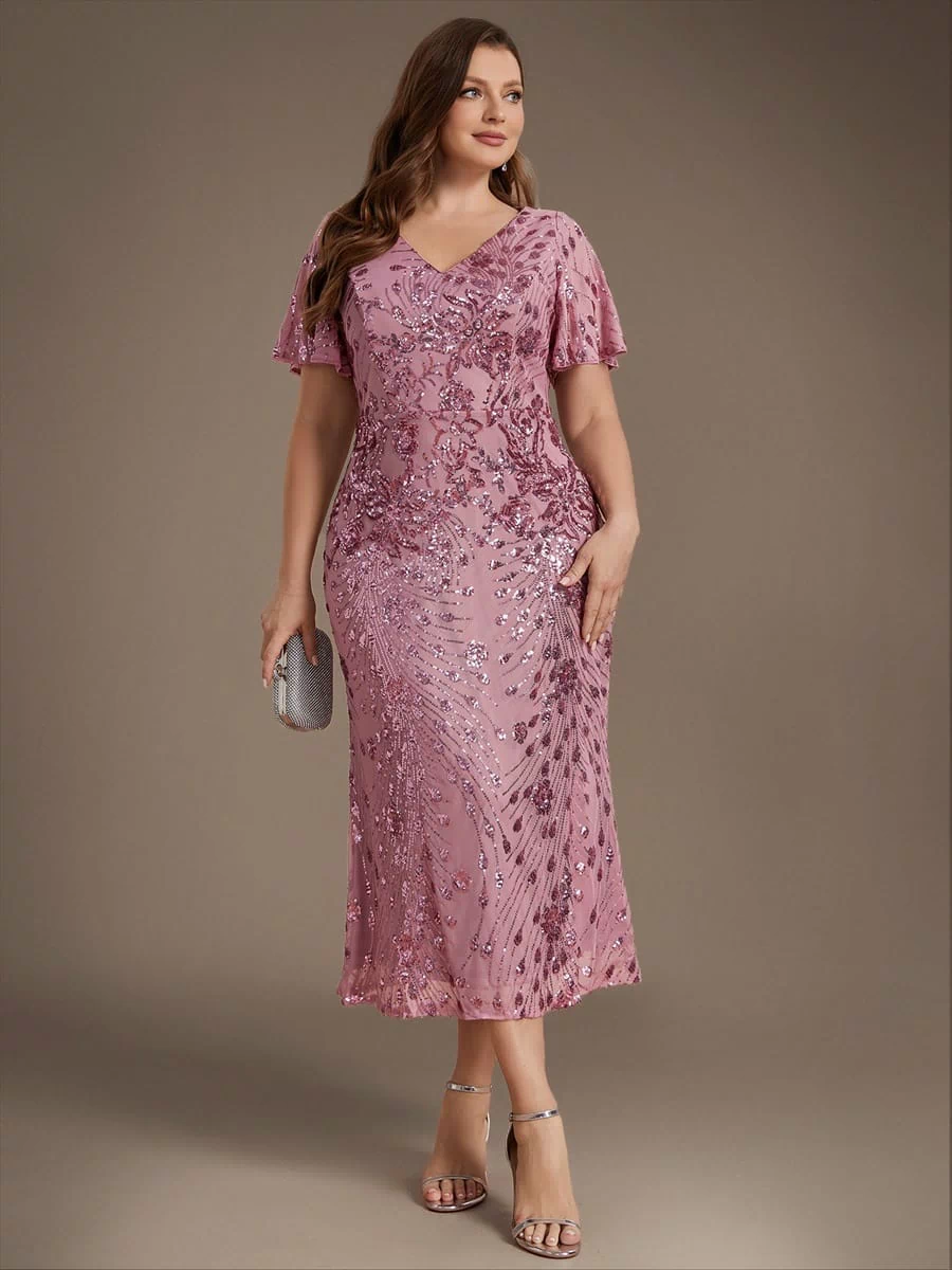 Sequin Ruffle Sleeve Evening Dress #color_Purple Orchid