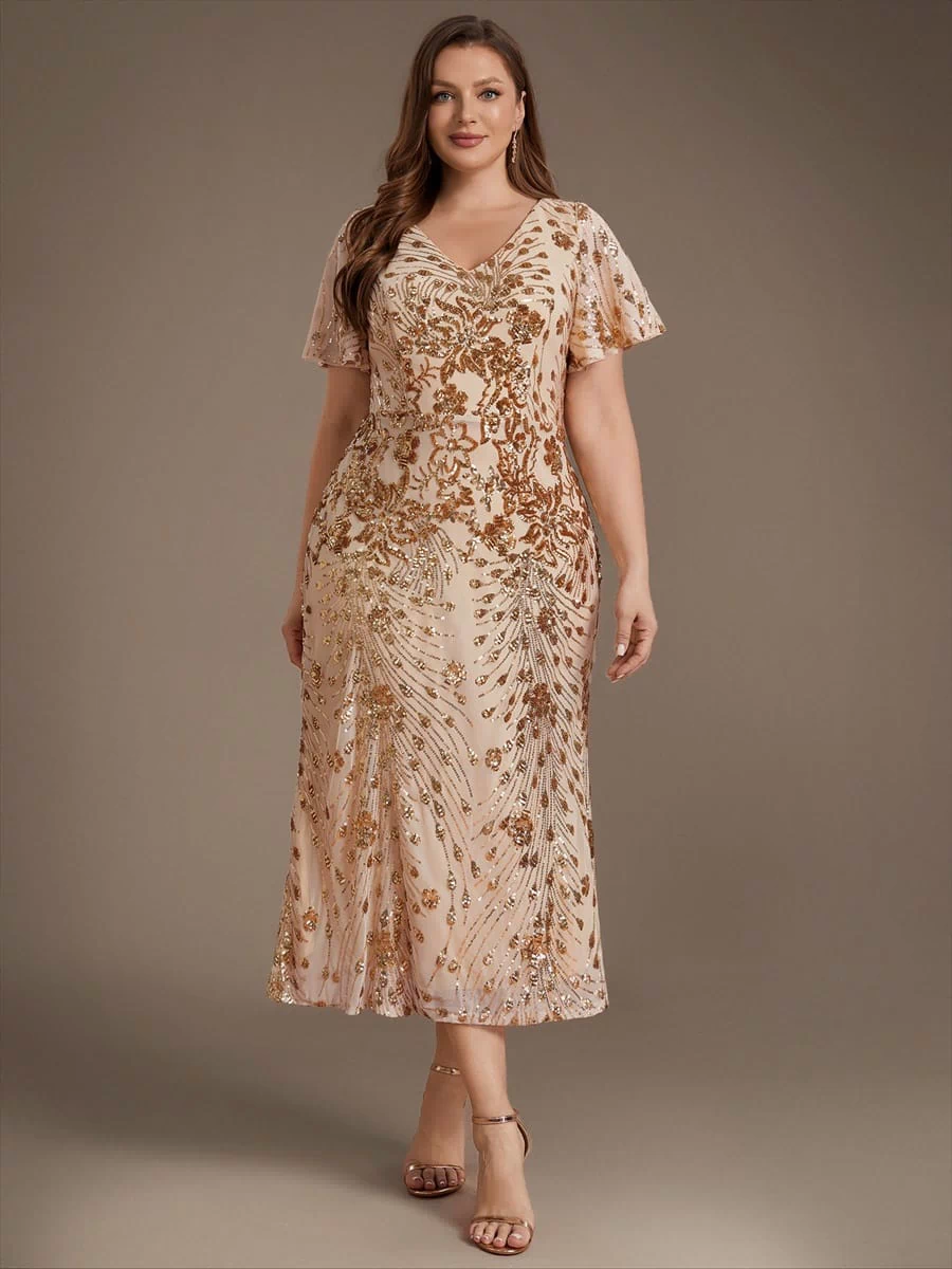 Sequin Ruffle Sleeve Evening Dress #color_Gold