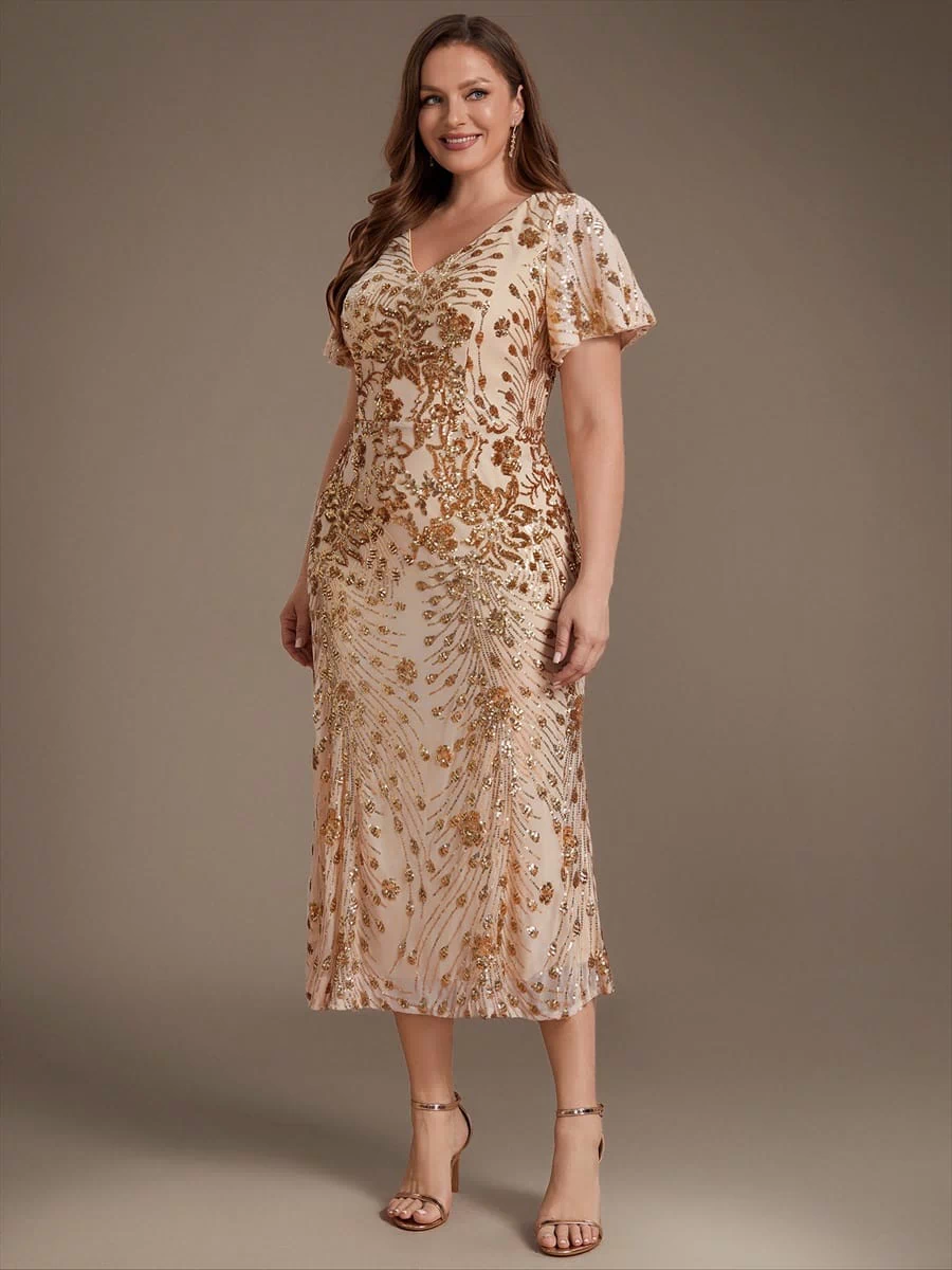 Sequin Ruffle Sleeve Evening Dress #color_Gold