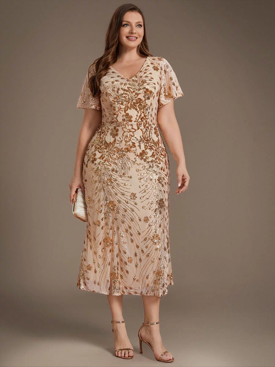 Sequin Ruffle Sleeve Evening Dress #color_Gold