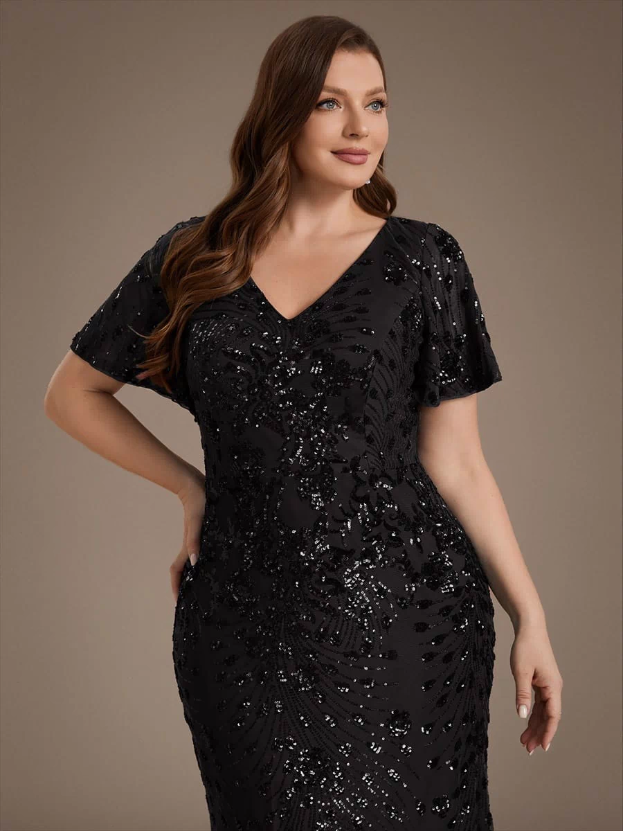 Sequin Ruffle Sleeve Evening Dress #color_Black