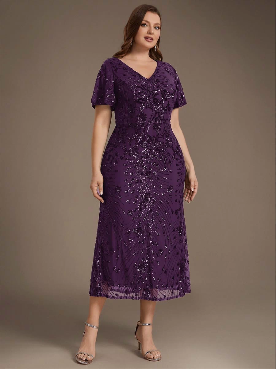 Sequin Ruffle Sleeve Evening Dress #color_Dark Purple