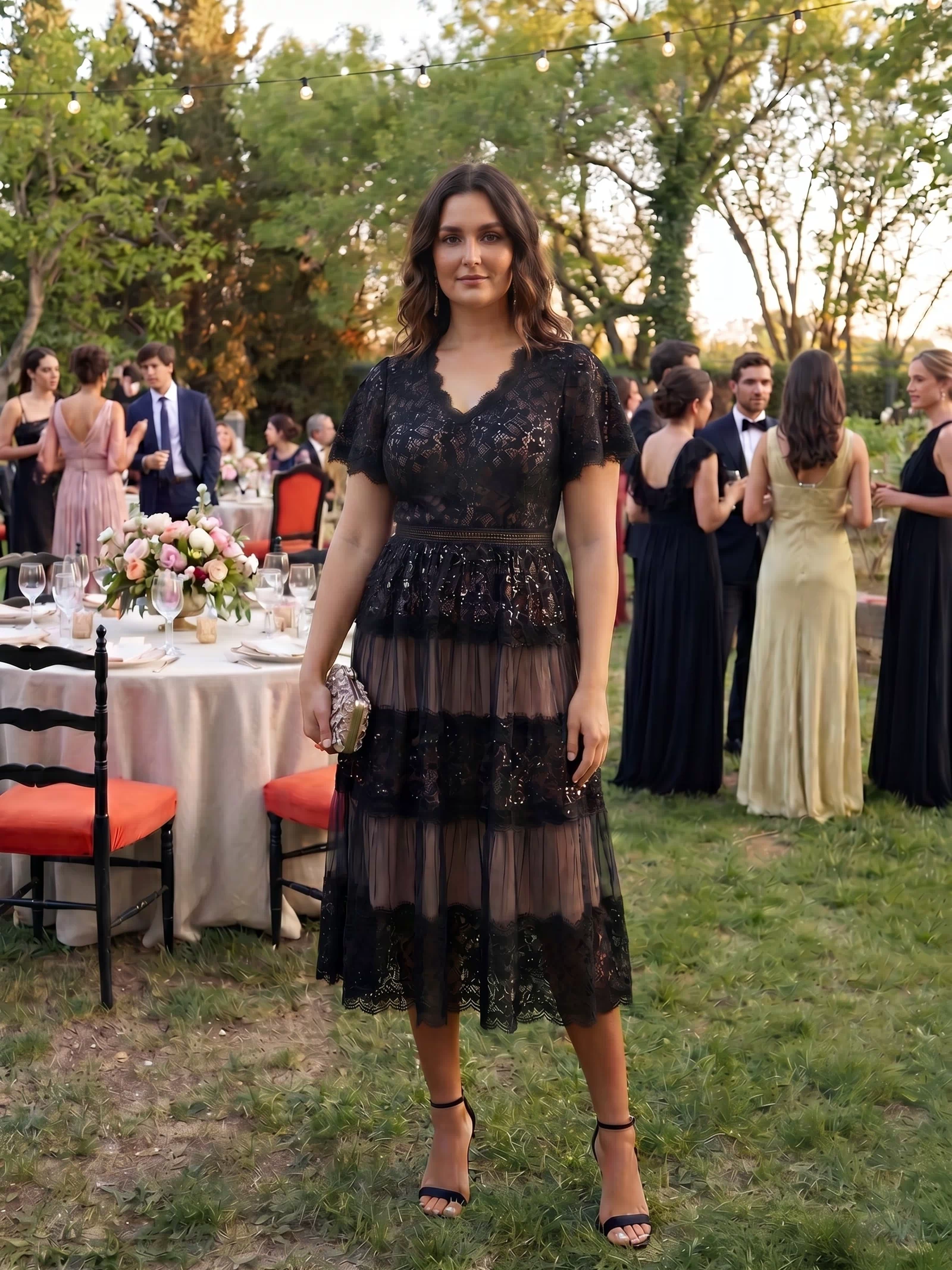 Plus Size Tiered Tulle Lace Wedding Guest Dress #color_Black