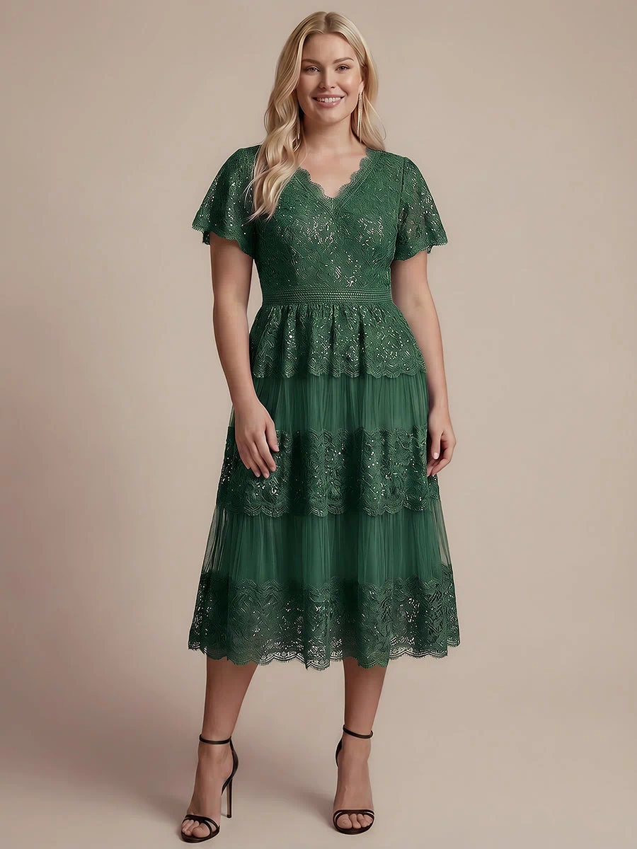 Plus Size Tiered Tulle Lace Wedding Guest Dress #color_Dark Green