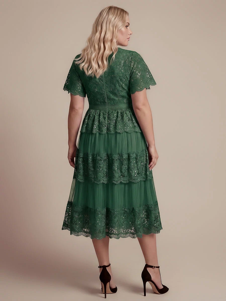 Plus Size Tiered Tulle Lace Wedding Guest Dress #color_Dark Green