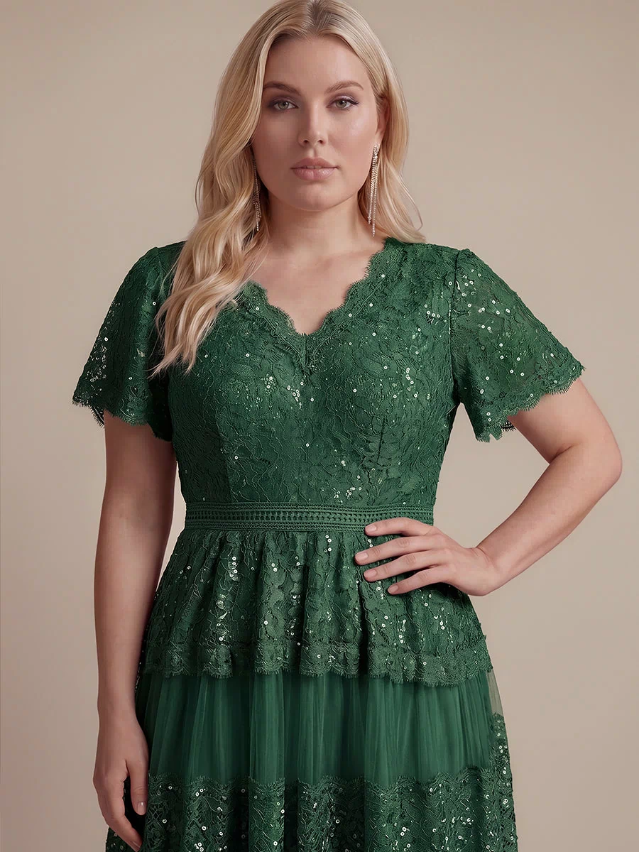 Plus Size Tiered Tulle Lace Wedding Guest Dress #color_Dark Green