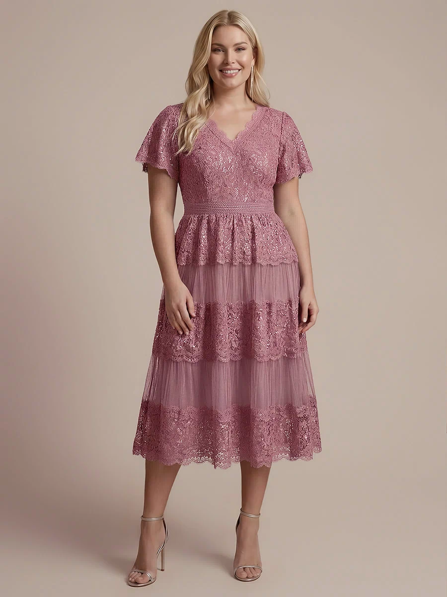 Plus Size Tiered Tulle Lace Wedding Guest Dress #color_Purple Orchid