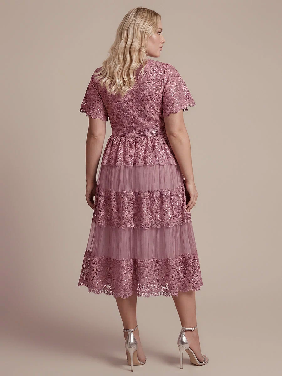 Plus Size Tiered Tulle Lace Wedding Guest Dress #color_Purple Orchid