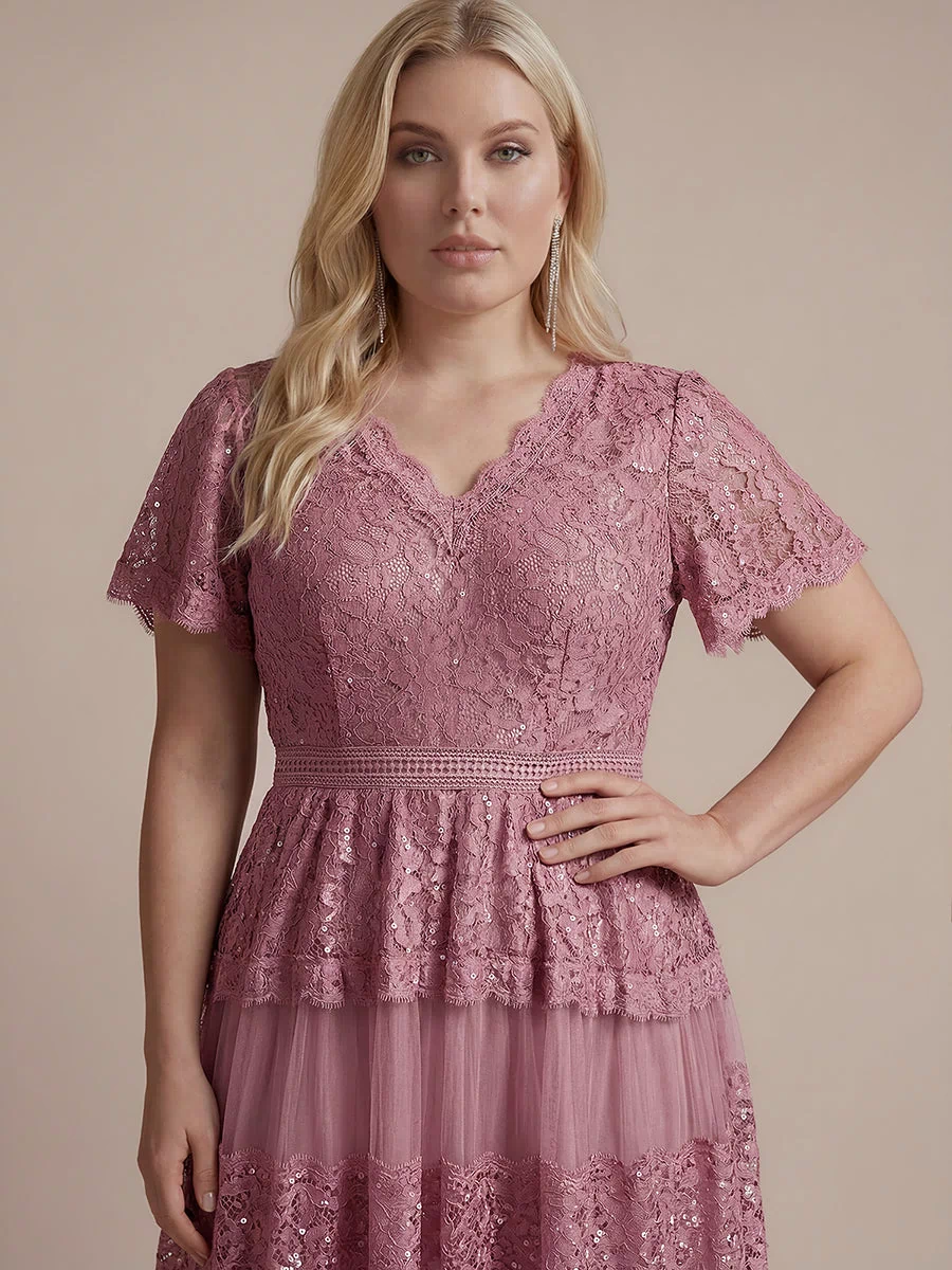 Plus Size Tiered Tulle Lace Wedding Guest Dress #color_Purple Orchid