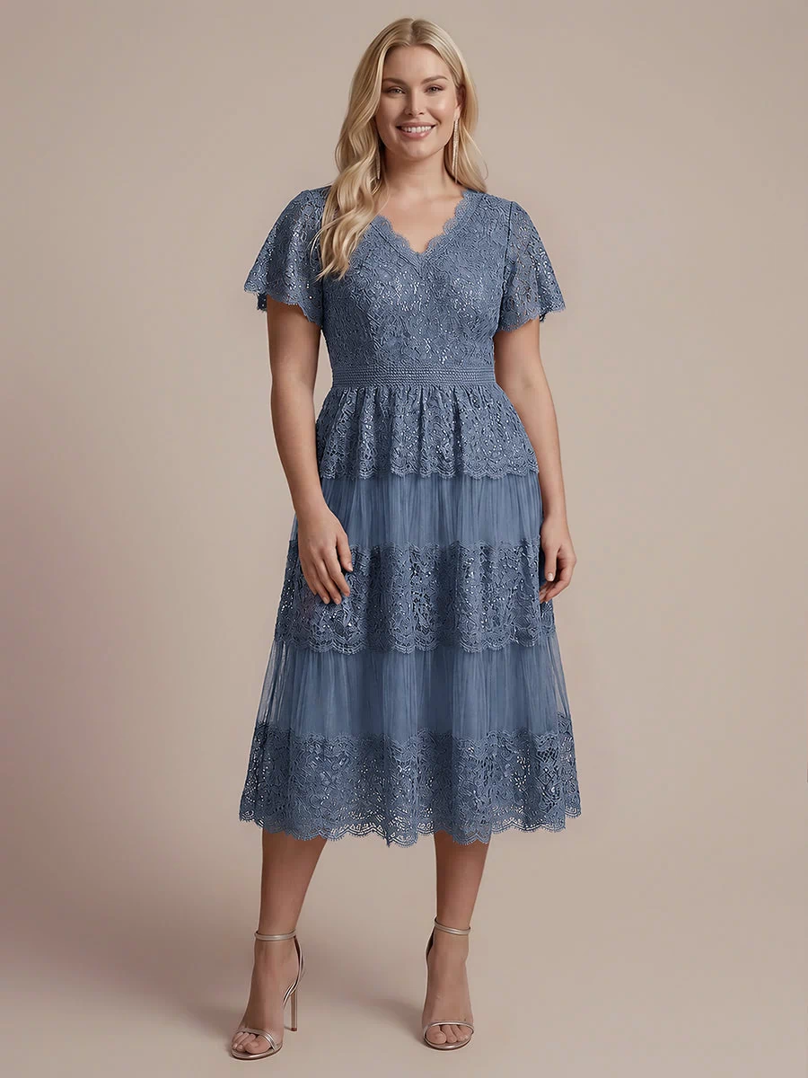 Plus Size Tiered Tulle Lace Wedding Guest Dress #color_Dusty Blue