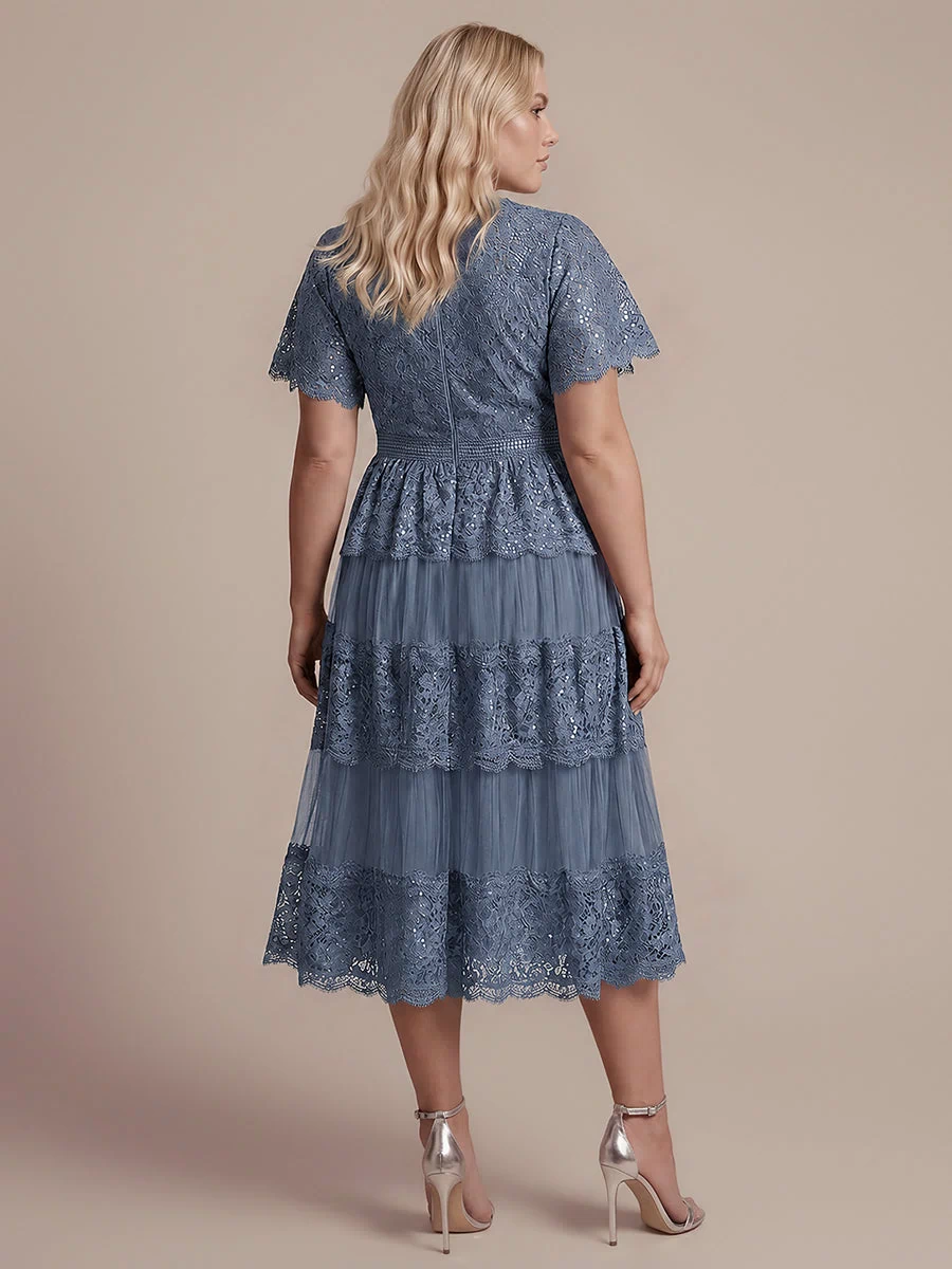 Plus Size Tiered Tulle Lace Wedding Guest Dress #color_Dusty Blue