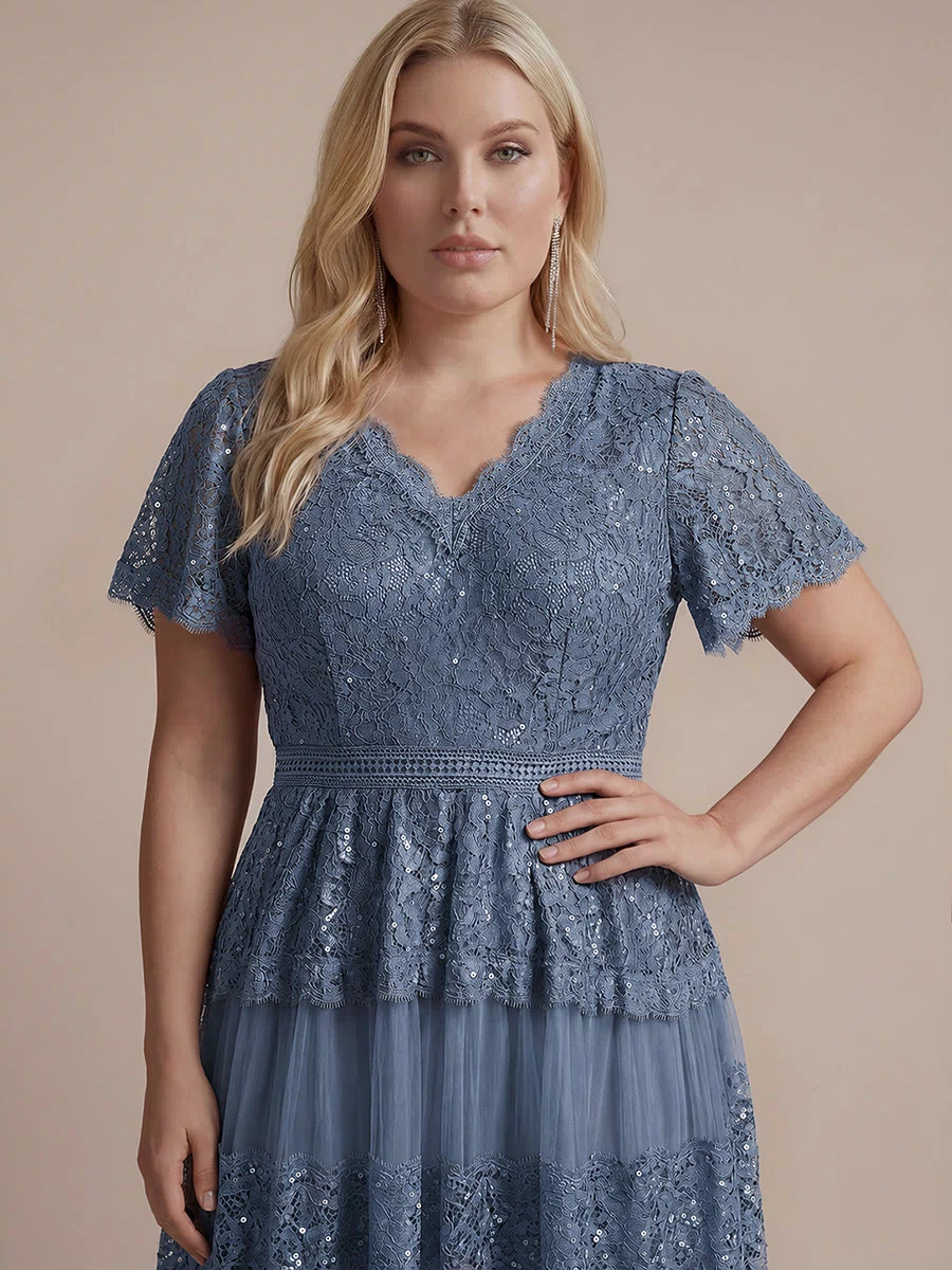 Plus Size Tiered Tulle Lace Wedding Guest Dress #color_Dusty Blue