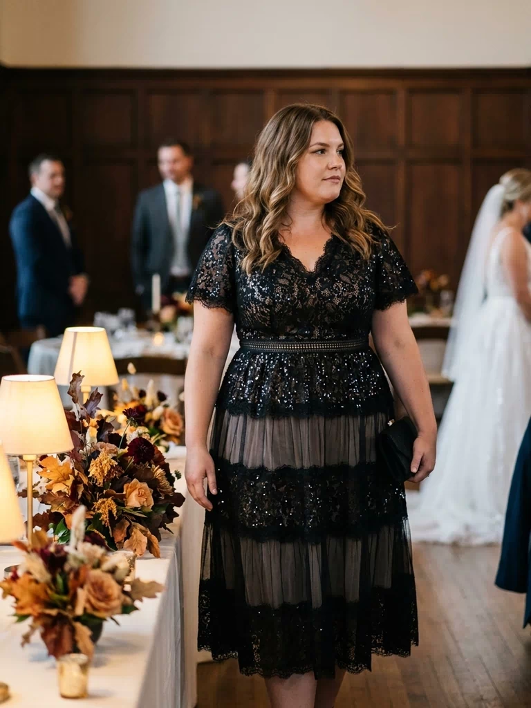 Plus Size Tiered Tulle Lace Wedding Guest Dress #color_Black