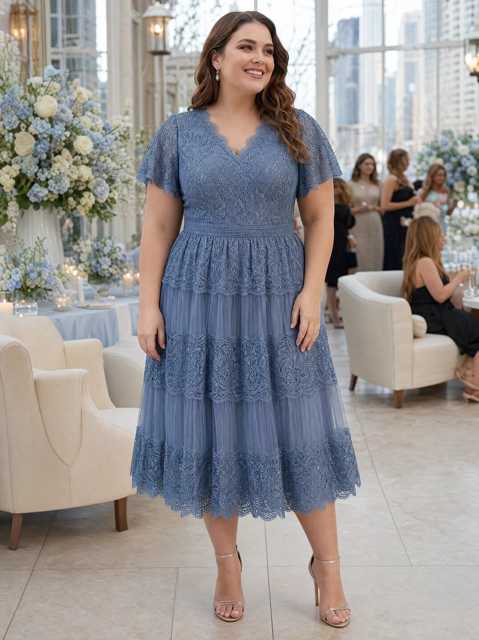 Plus Size Tiered Tulle Lace Wedding Guest Dress #color_Dusty Blue