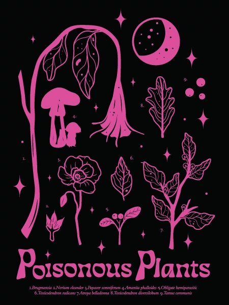 Black graphic tee with magenta neon illustrations of toxic plants, mushrooms, moon, and flowers against dark background