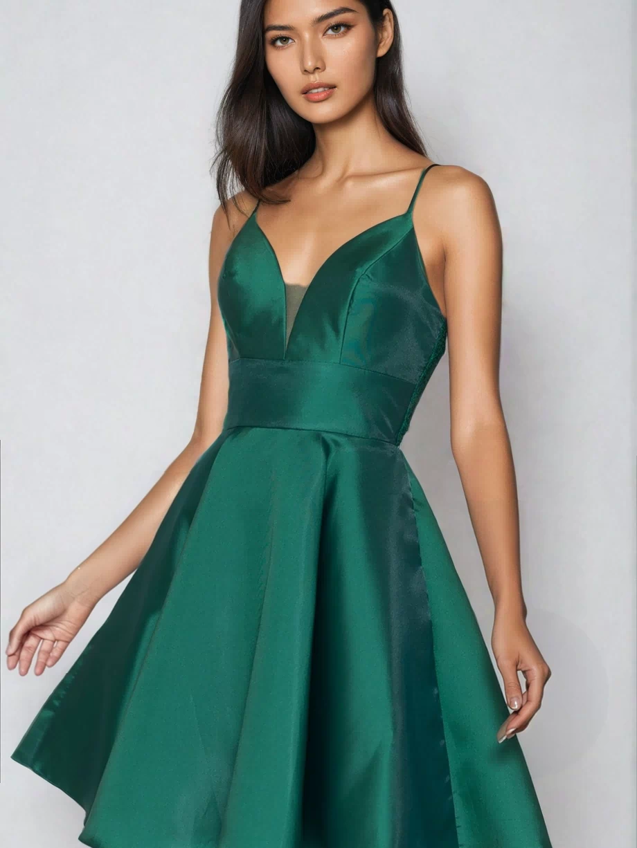A woman wearing the Lace-Back Short A-Line Homecoming Dress 8698, a sleeveless emerald green fit-and-flare dress with thin straps and a deep V-neck, stands against a light background.