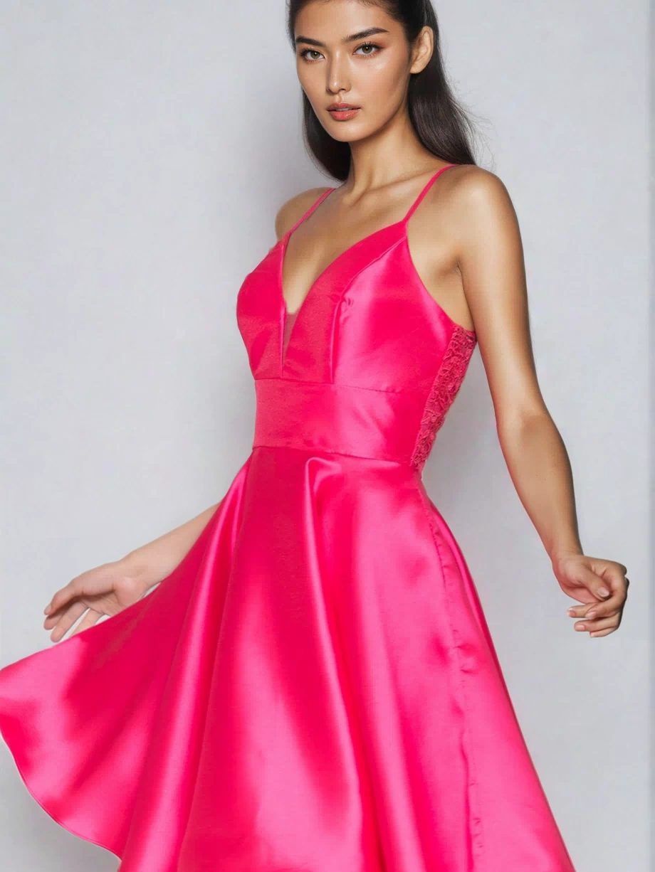 A woman poses against a plain light background in the Lace-Back Short A-Line Homecoming Dress 8698, featuring bright pink satin fabric and a flared skirt.
