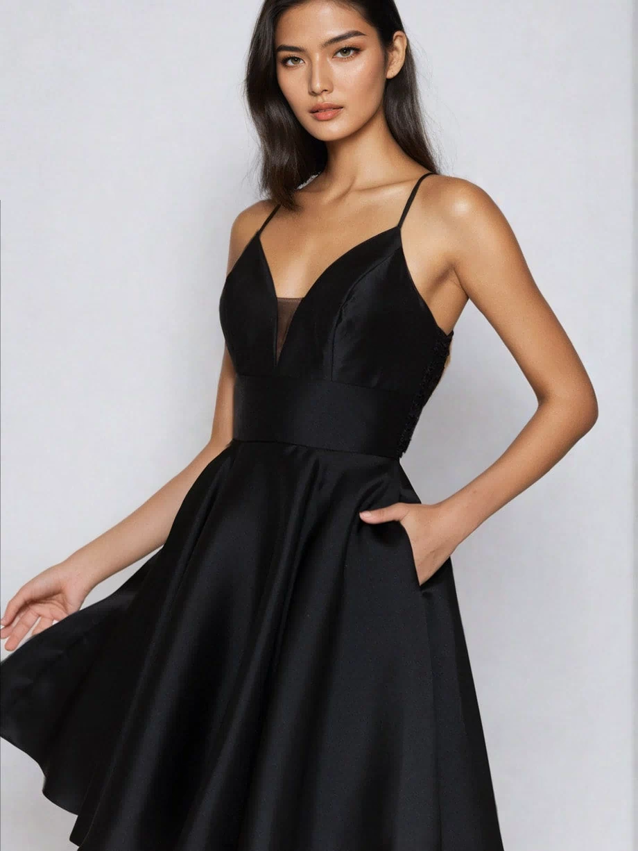 A woman wears the Lace-Back Short A-Line Homecoming Dress 8698—a sleeveless black cocktail dress with thin straps, fitted bodice, and flared skirt—posing against a light background. An elegant choice for any special occasion.