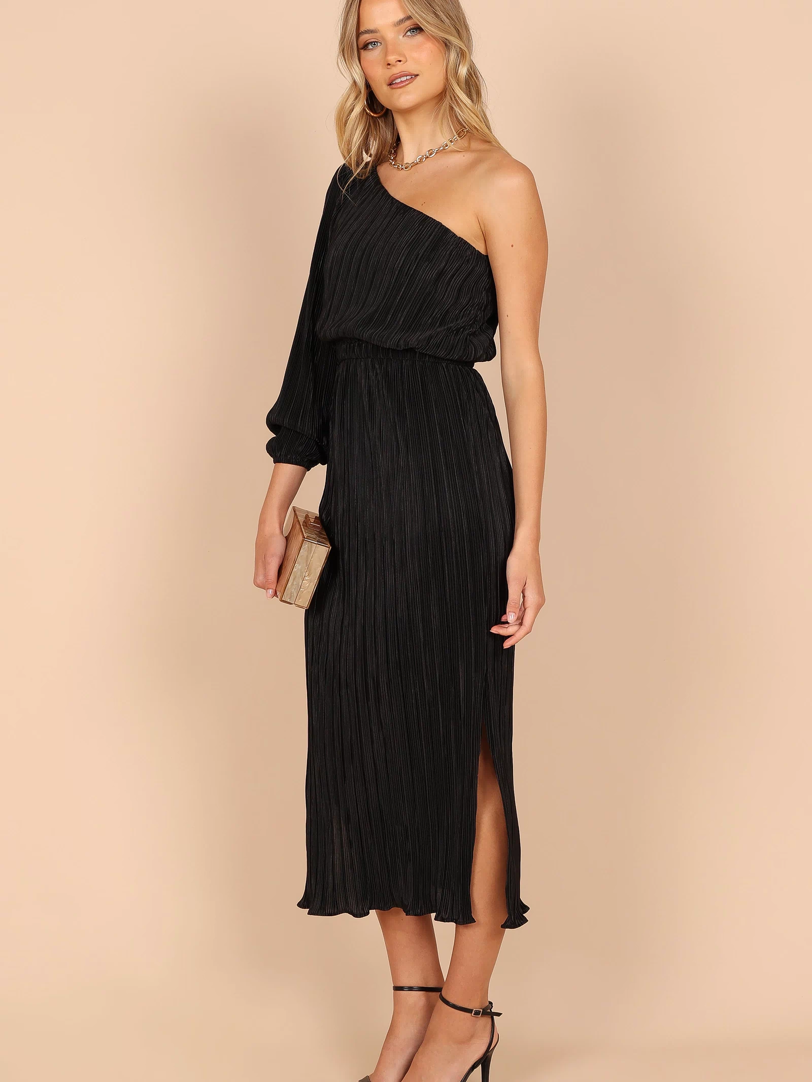 Petal and Pup USA DRESSES Pontee One Shoulder Pleated Midi Dress - Black