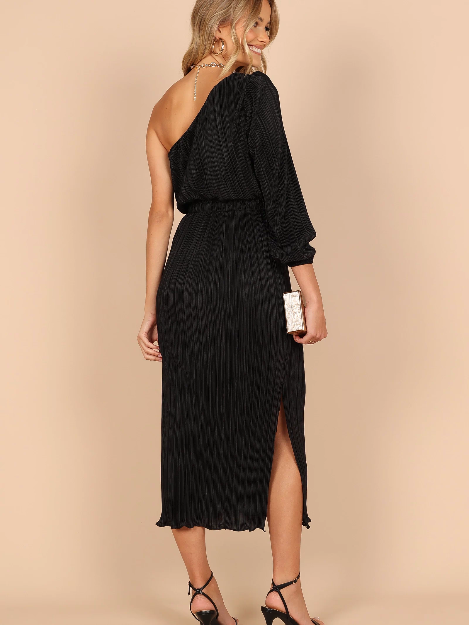 Petal and Pup USA DRESSES Pontee One Shoulder Pleated Midi Dress - Black