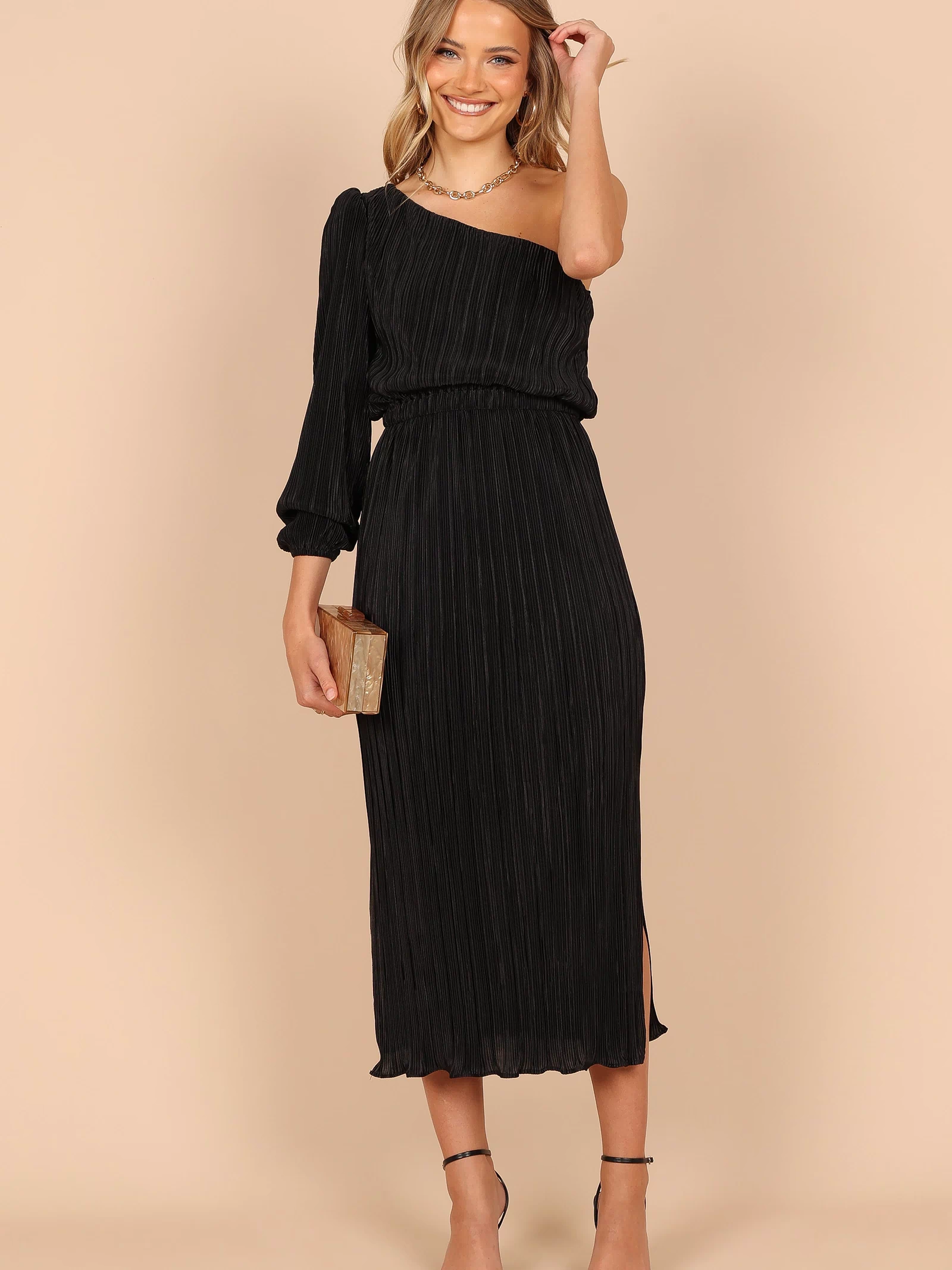 Petal and Pup USA DRESSES Pontee One Shoulder Pleated Midi Dress - Black