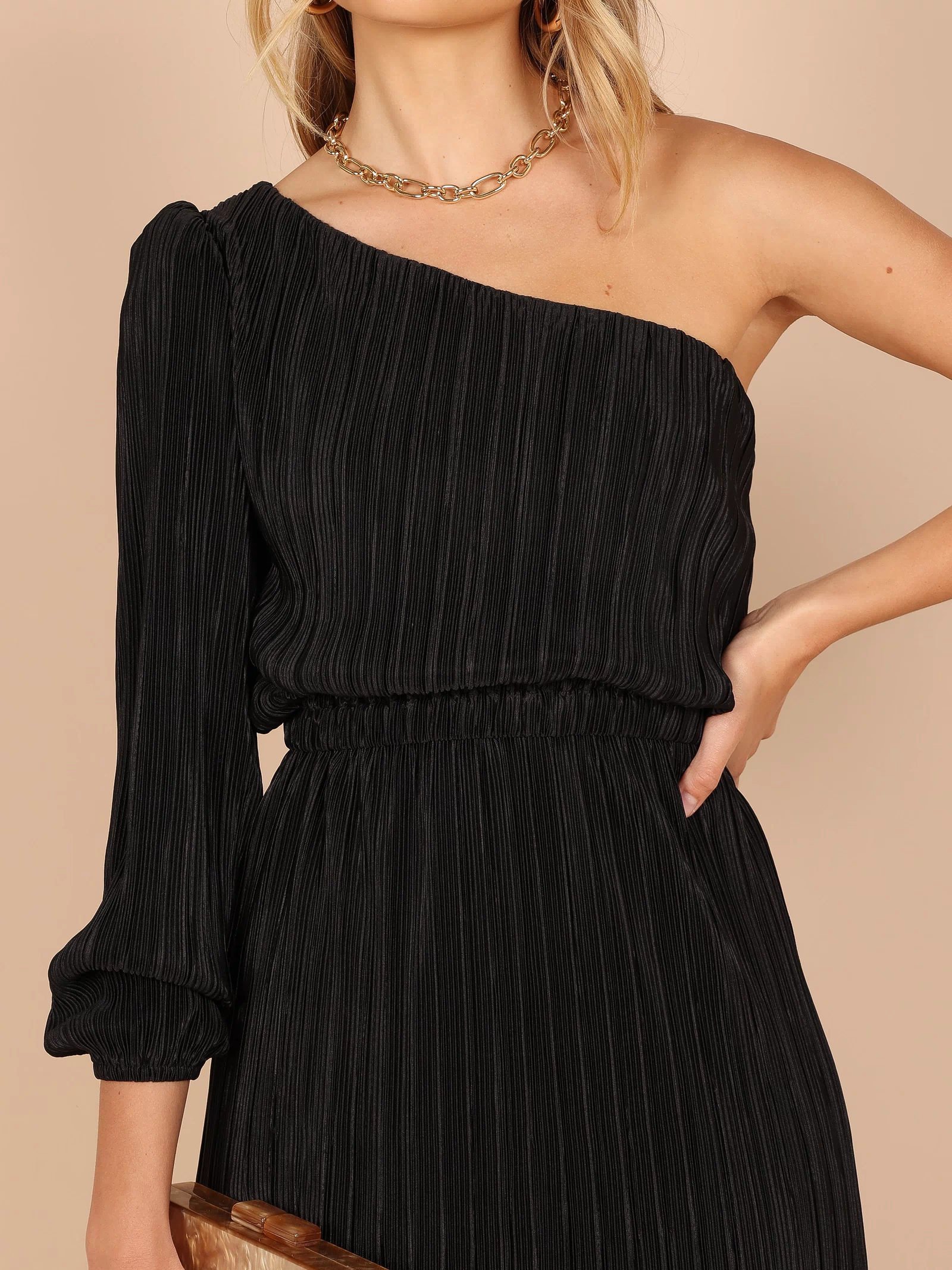 Petal and Pup USA DRESSES Pontee One Shoulder Pleated Midi Dress - Black