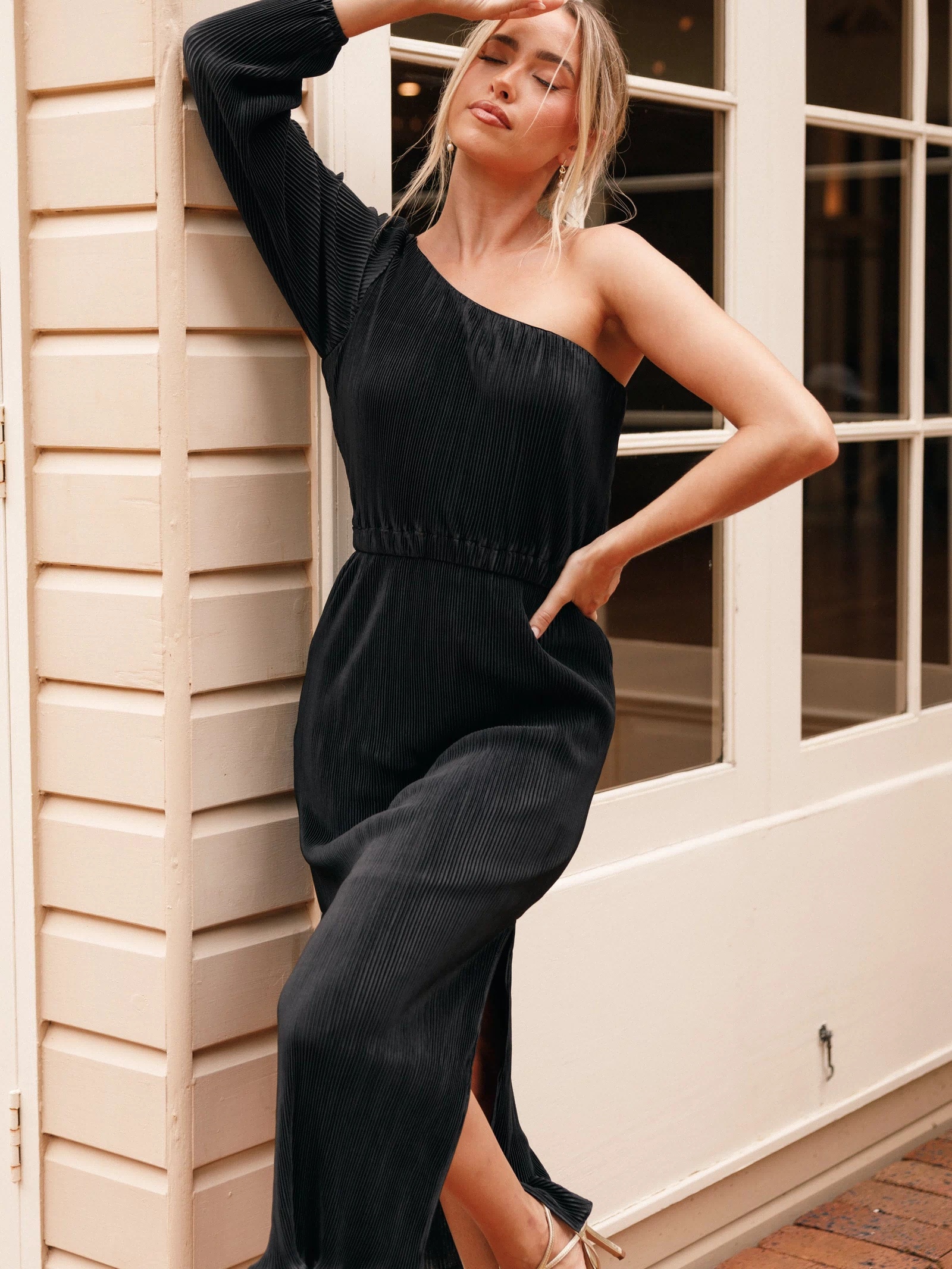 Petal and Pup USA DRESSES Pontee One Shoulder Pleated Midi Dress - Black