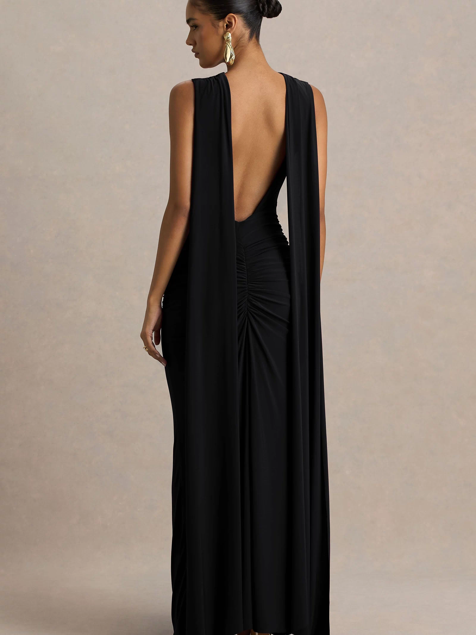 Premiere | Black Boat-Neck Maxi Dress With Open-Back And Cape-Sleeves