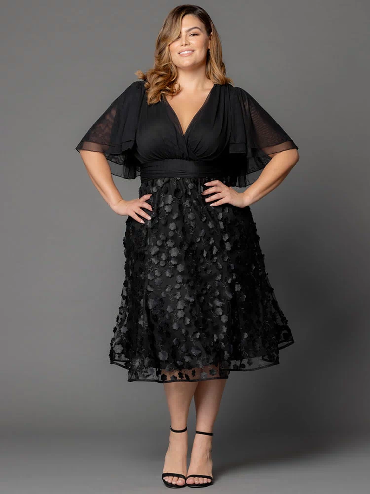 Pretty Petals Mesh Cocktail Dress in Onyx Blossoms