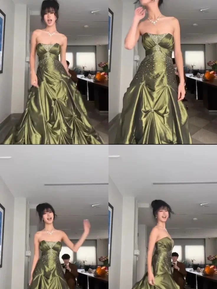 Pretty Strapless Green Satin Beaded Long Prom Dress Formal Brithday Dress Ball Gown Y7533 by simplepromdress