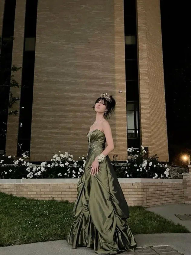 Pretty Strapless Green Satin Beaded Long Prom Dress Formal Brithday Dress Ball Gown Y7533 by simplepromdress