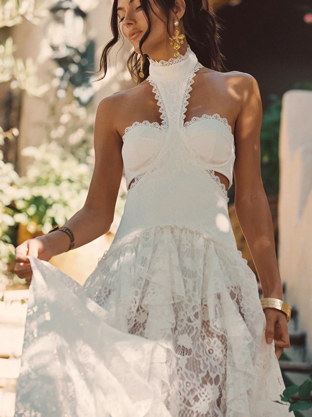 Princesa White Lace Drop Waist Maxi Dress paired with complementary accessories for a polished look.