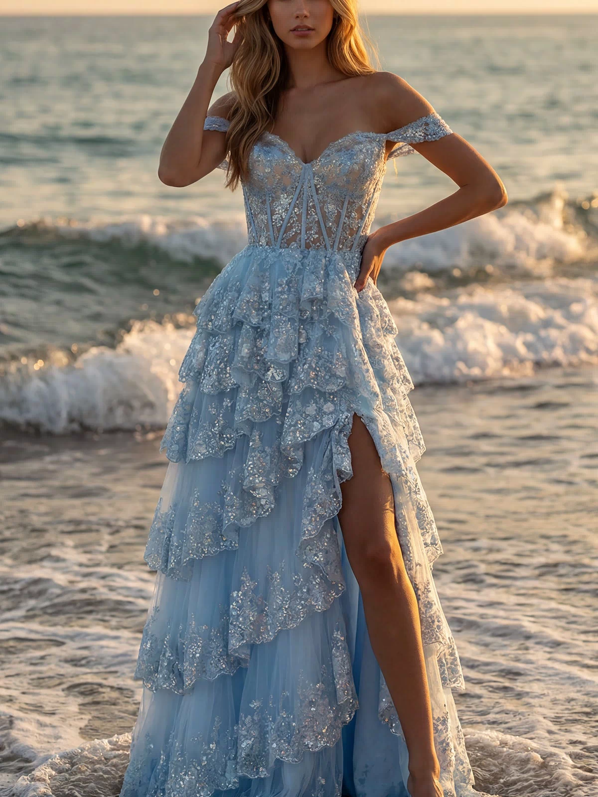 A woman stands barefoot on a beach at sunset, wearing the PromGirl 250005 A-Line Corset Lace Prom Dress with off-the-shoulder ruffles and a high slit. Gentle waves roll in the background.