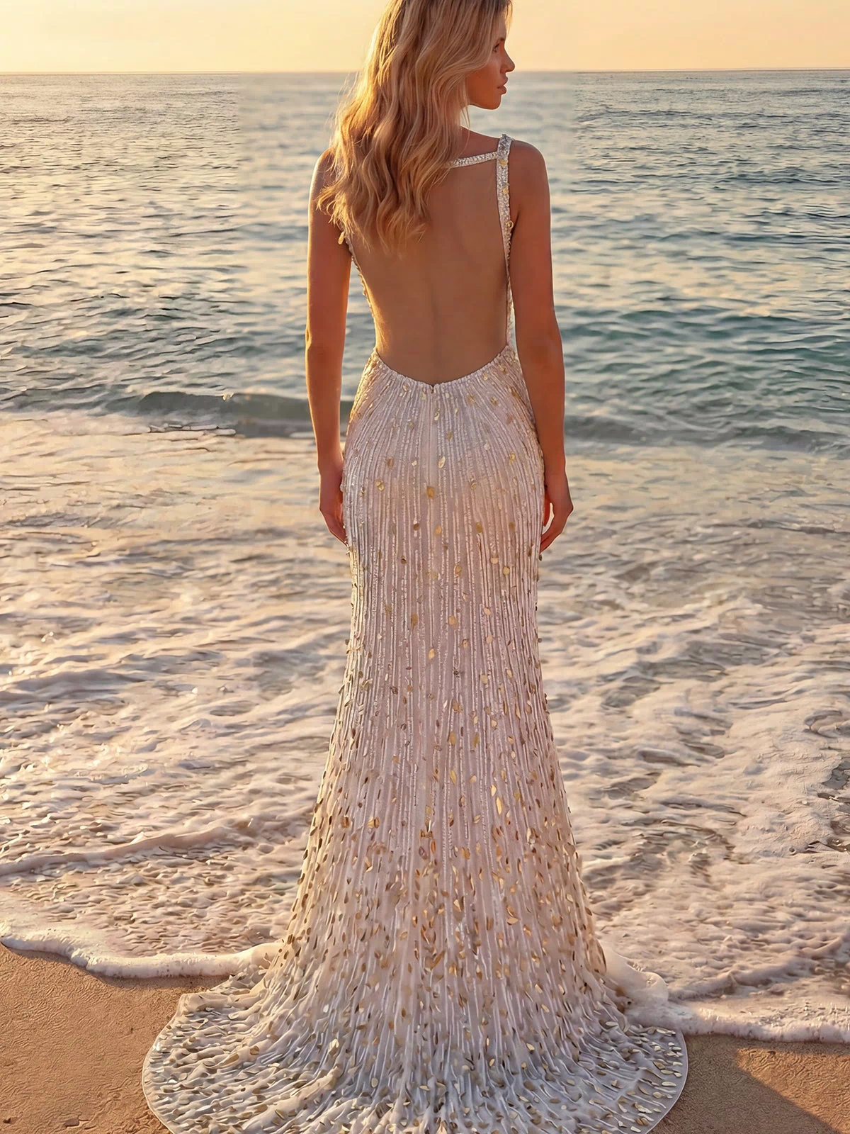 At sunset on the beach, a woman in the Sparkly Sequin Prom Dress: PromGirl Exclusive 250304 stands facing the ocean, waves softly washing over her feet.