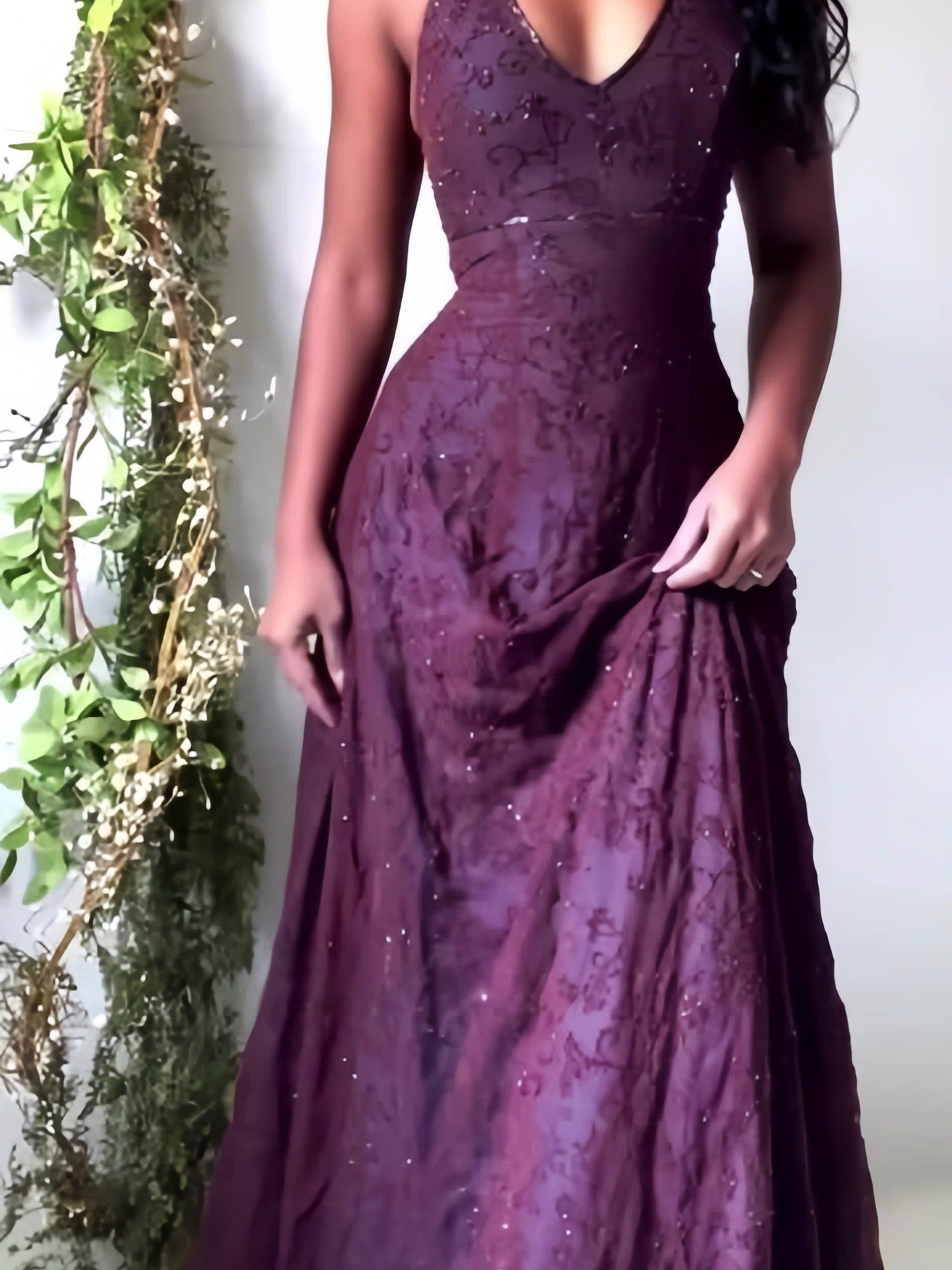 Purple lace halter prom dress with V-neckline and A-line silhouette - front view