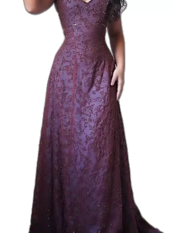 Purple V-neck evening gown side view - A-line floor-length formal dress