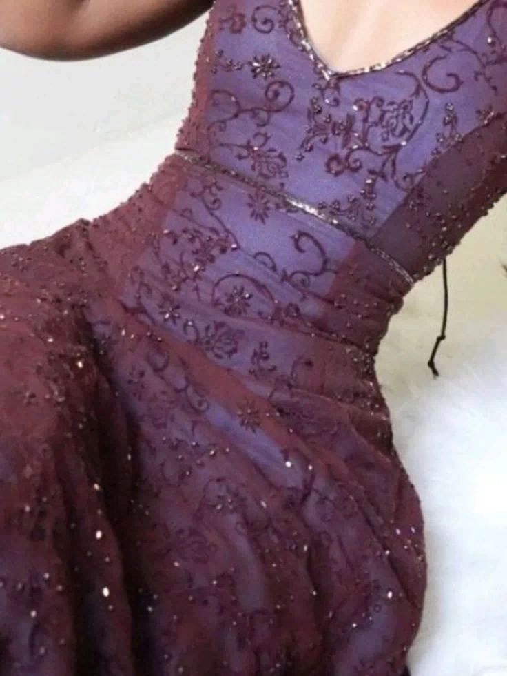 Purple lace prom dress back view - halter neckline and lace detailing