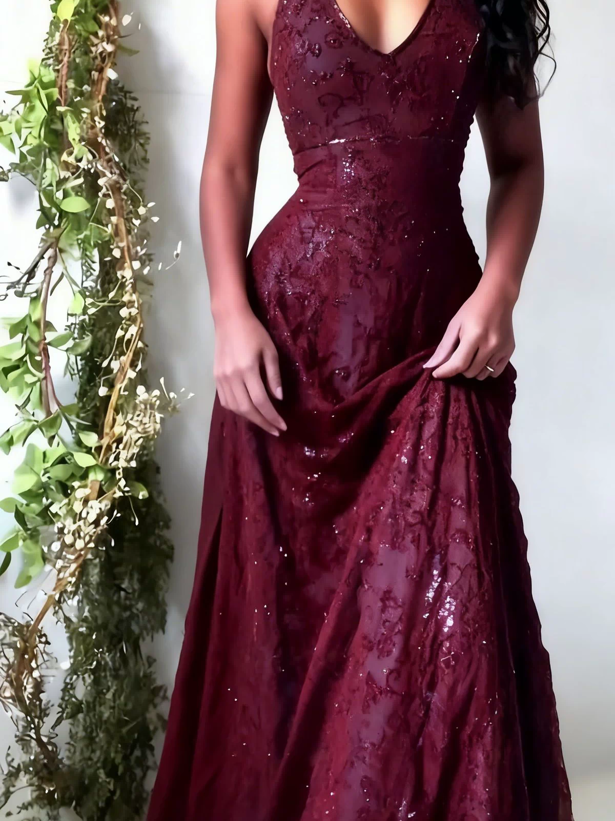 Purple lace halter prom dress full length - elegant party gown