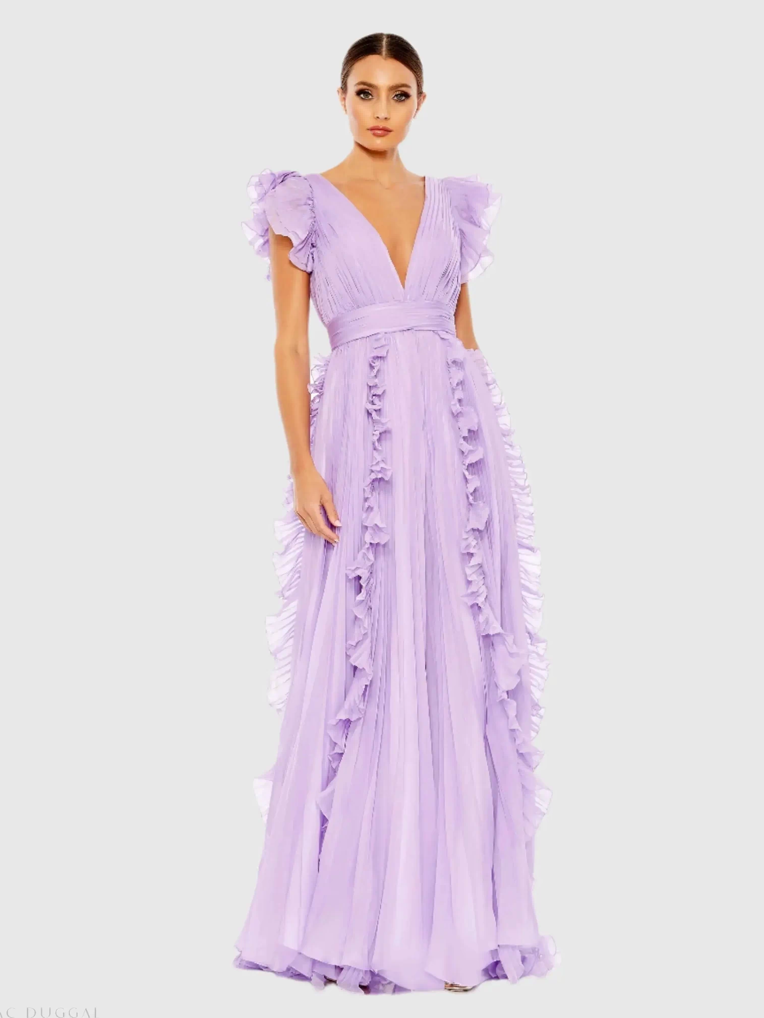 Purple Pleated Ruffle Cap Sleeve Flowy A Line Gown