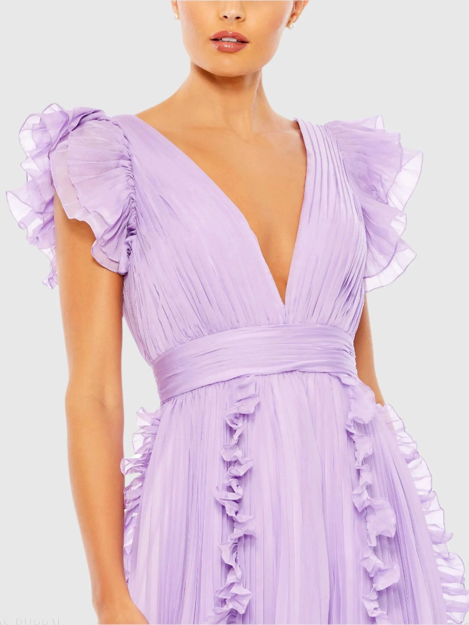 Purple Pleated Ruffle Cap Sleeve Flowy A Line Gown - Ieena for Mac Duggal