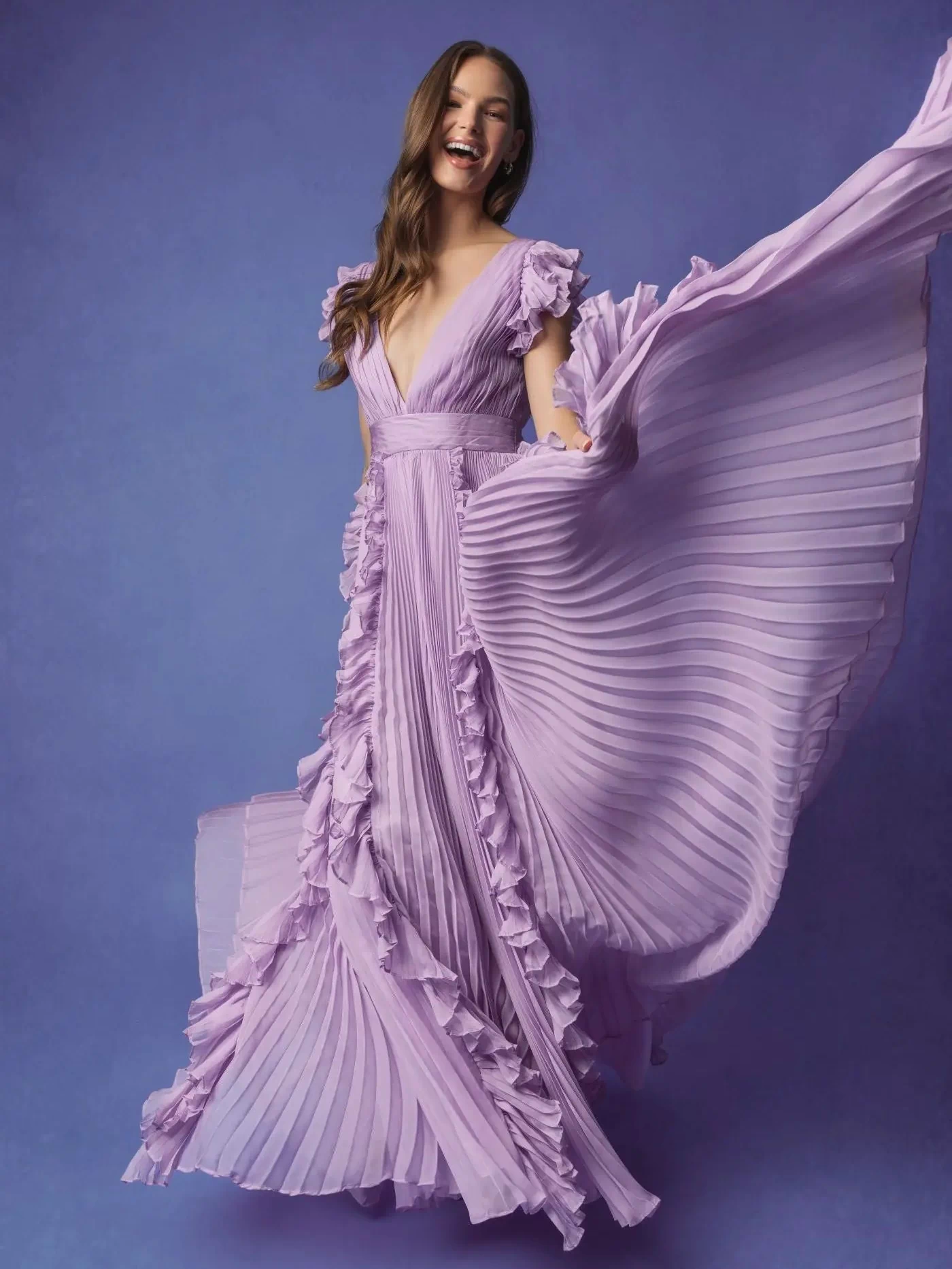 Purple Pleated Ruffle Cap Sleeve Flowy A Line Gown - Ieena for Mac Duggal