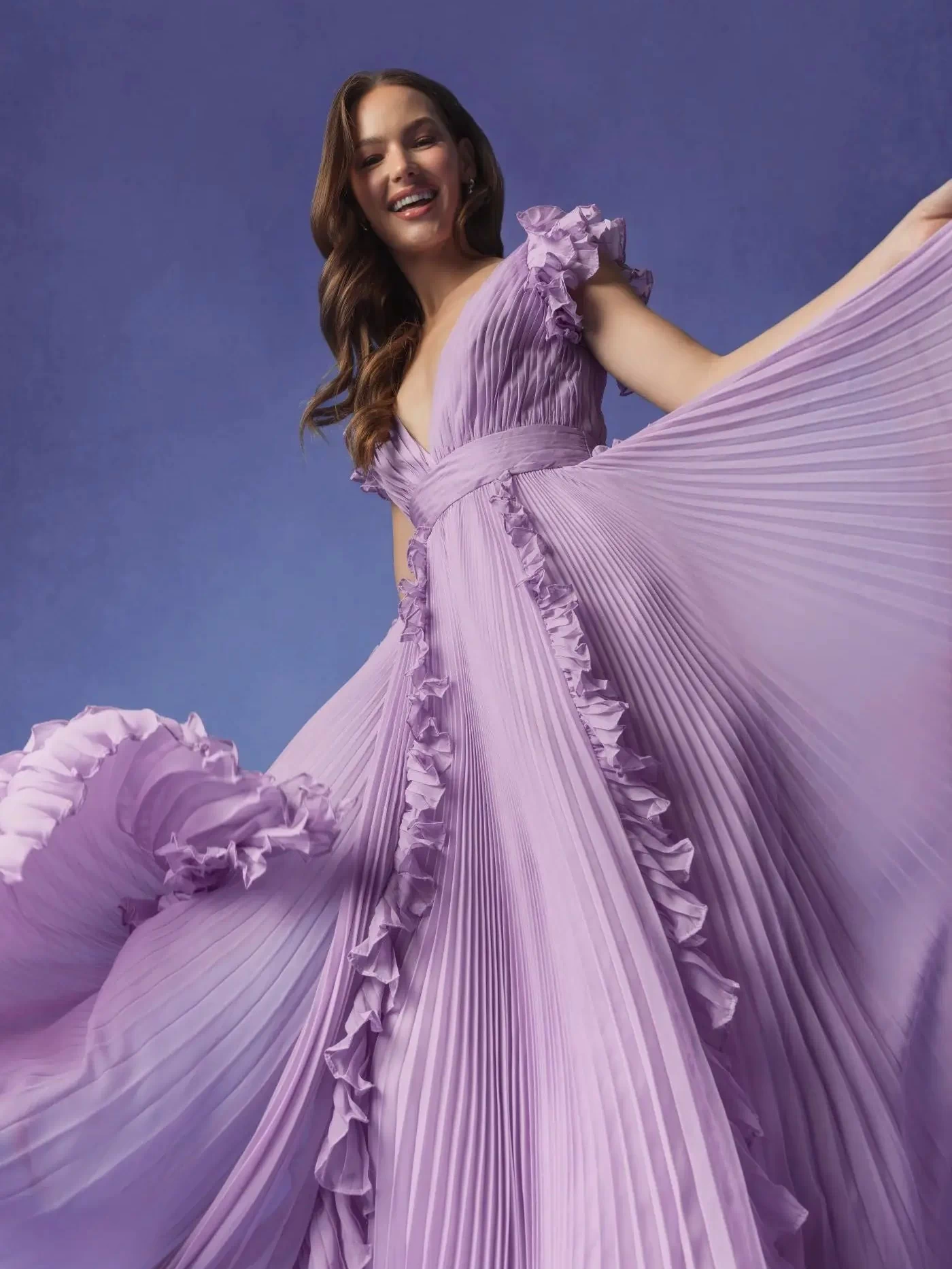 Purple Pleated Ruffle Cap Sleeve Flowy A Line Gown - Ieena for Mac Duggal