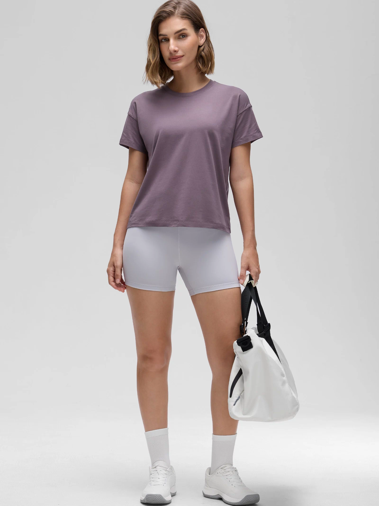 CRZ YOGA Women's Yoga Loose Fit Shirt Pima Cotton Short Sleeves purple gray @model_info:Jaynne