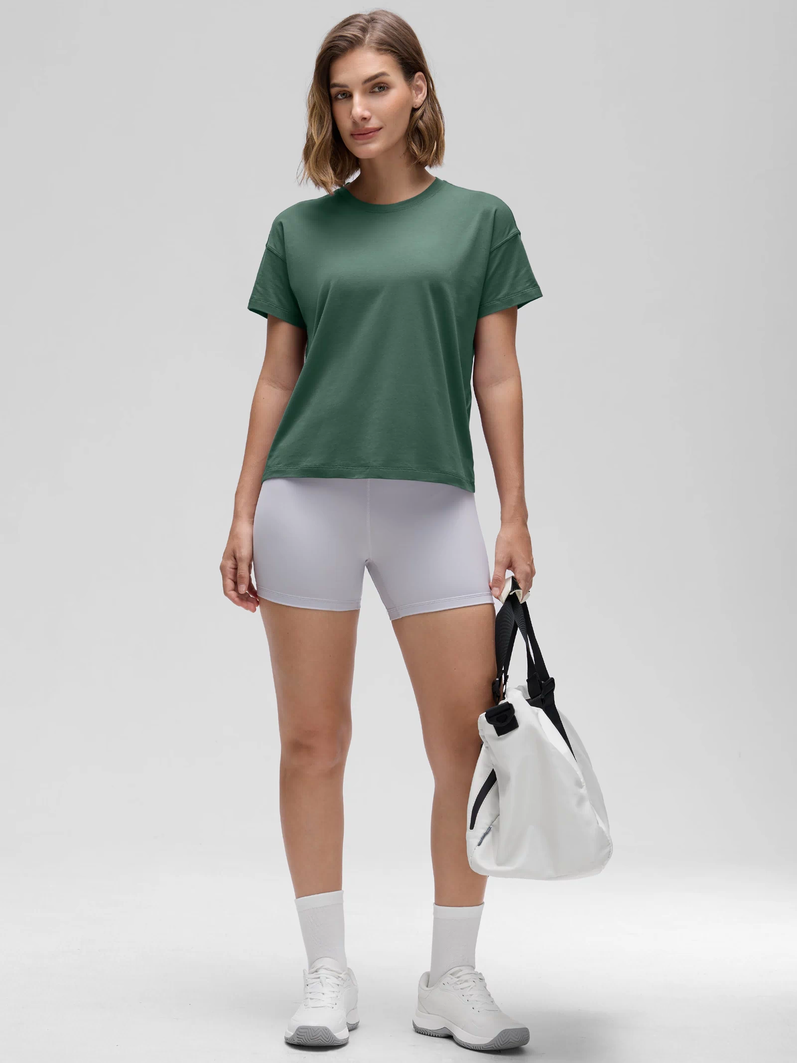CRZ YOGA Women's Yoga Loose Fit Shirt Pima Cotton Short Sleeves Graphite Green @model_info:Jaynne