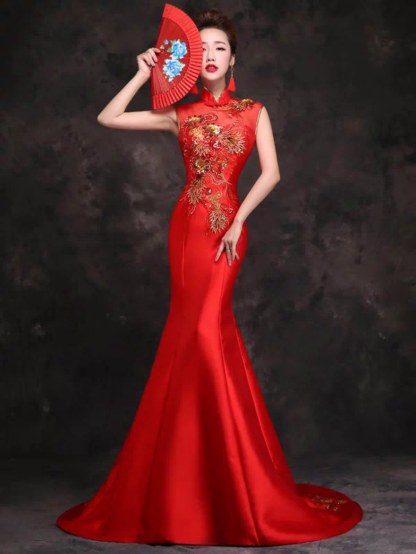 Red Floral Sequin Fishtail Qipao |  Bespoke Wedding Qipao