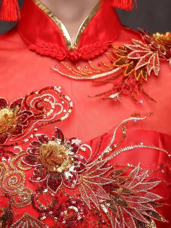 Floral Sequined, twill satin fabric, red fishtail Qipao
