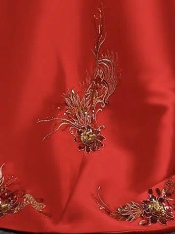 Floral Sequined, twill satin fabric, red fishtail Qipao